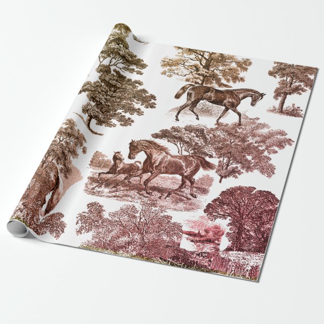 Elegant Rustic Horses Red Brown Toile Wrapping Paper (Unrolled)