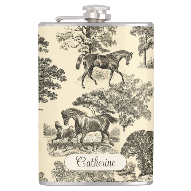 Elegant Rustic Horses Trees Beige Tan Toile  Hip Flask (Front)