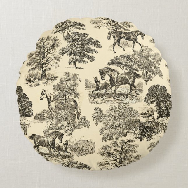 Elegant Rustic Horses Trees Beige Tan Toile  Round Pillow (Front)