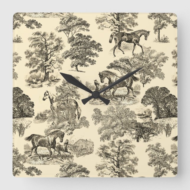Elegant Rustic Horses Trees Beige Tan Toile  Square Wall Clock (Front)