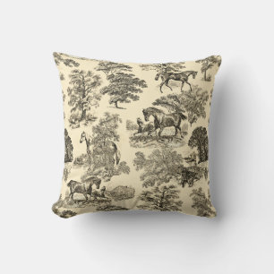 Elegant Rustic Horses Trees Beige Tan Toile  Throw Pillow