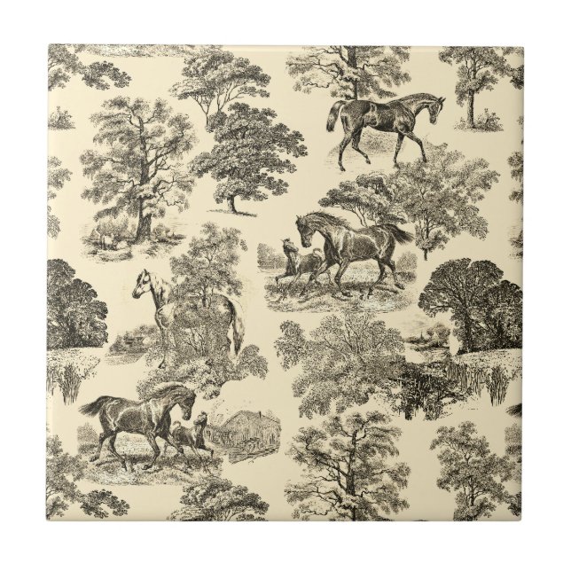 Elegant Rustic Horses Trees Beige Tan Toile  Tile (Front)