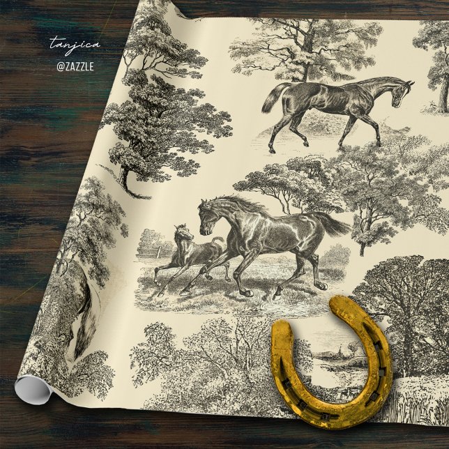 Elegant Rustic Horses Trees Beige Toile Seamless Wrapping Paper (Creator Uploaded)