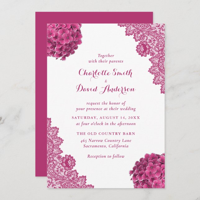 Elegant Rustic Hot Pink Floral Lace Wedding Invitation (Front/Back)