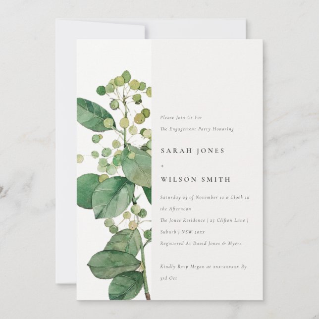 Elegant Rustic Leafy Foliage Greenery Engagement Invitation (Front)