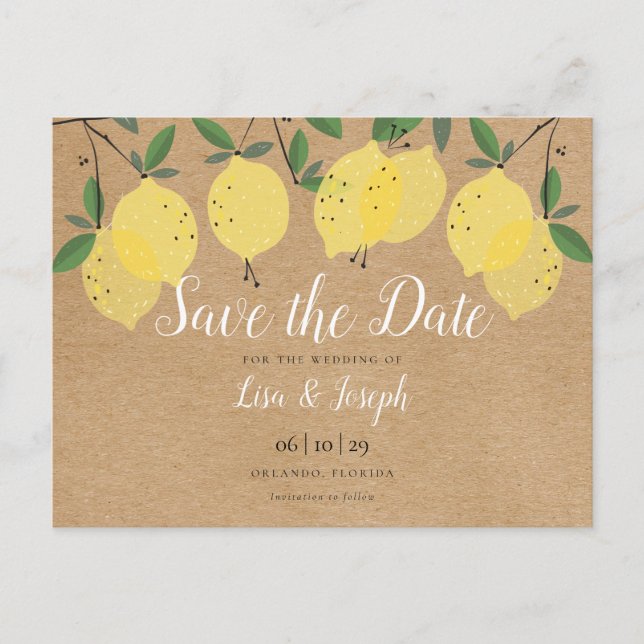 Elegant Rustic Lemons Save the Date Announcement Postcard (Front)