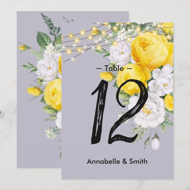 Elegant Rustic lights Yellow Floral  table number (Front/Back)