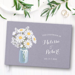 Elegant Rustic Mason Jar Daisies Wedding Lavender Guest Book