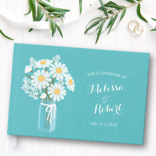 Elegant Rustic Mason Jar Daisies Wedding Teal Guest Book