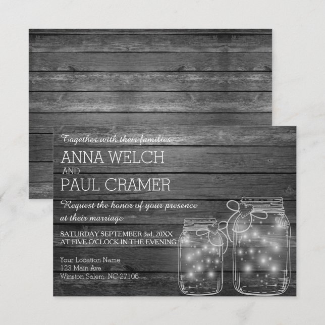 Elegant Rustic Mason Jar Lights B&W Wedding Card (Front/Back)