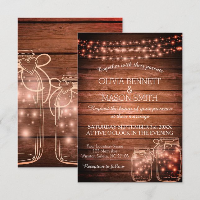 Elegant Rustic Mason Jar Lights Wedding Invitation (Front/Back)
