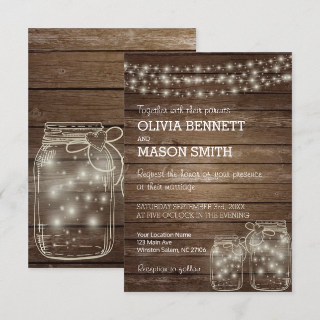 Elegant Rustic Mason Jar Lights Wedding Invitation (Front/Back)