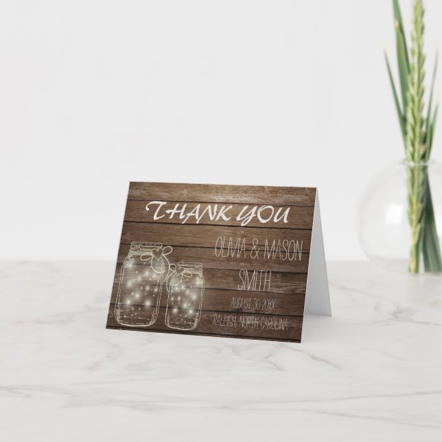 Elegant Rustic Mason Jar Lights Wedding Thank You (Front)
