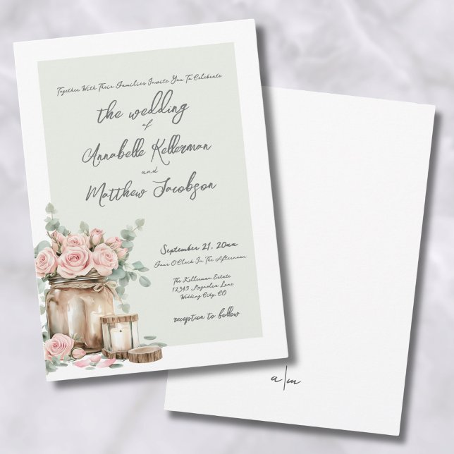 Elegant Rustic Mason Jar Roses Country Wedding Invitation (Elegant Rustic Mason Jar Roses Country Wedding Invitation)