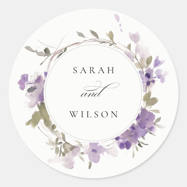 Elegant Rustic Meadow Lilac Floral Wreath Wedding Classic Round Sticker (Front)