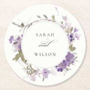 Elegant Rustic Meadow Lilac Floral Wreath Wedding Round Paper Coaster