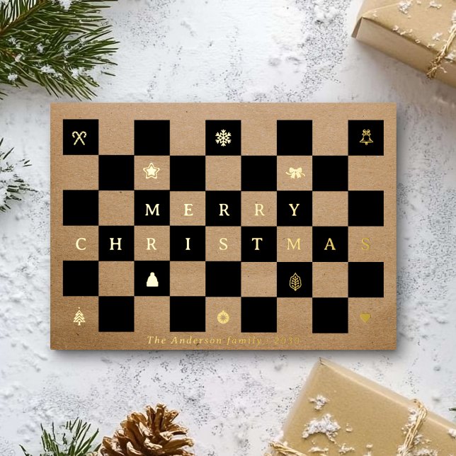 Elegant Rustic Merry Christmas Chequerboard Foil Holiday Card (Creator Uploaded)