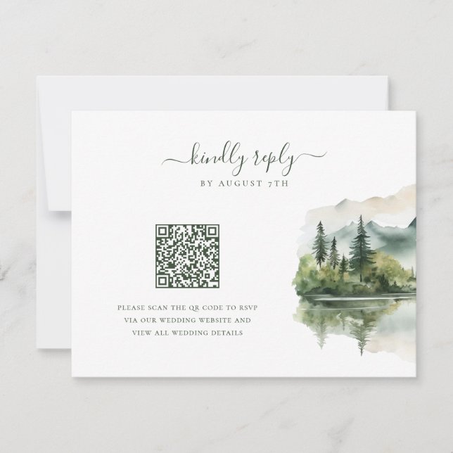 Elegant Rustic Mountain Landscape QR Code Wedding RSVP Card (Front)