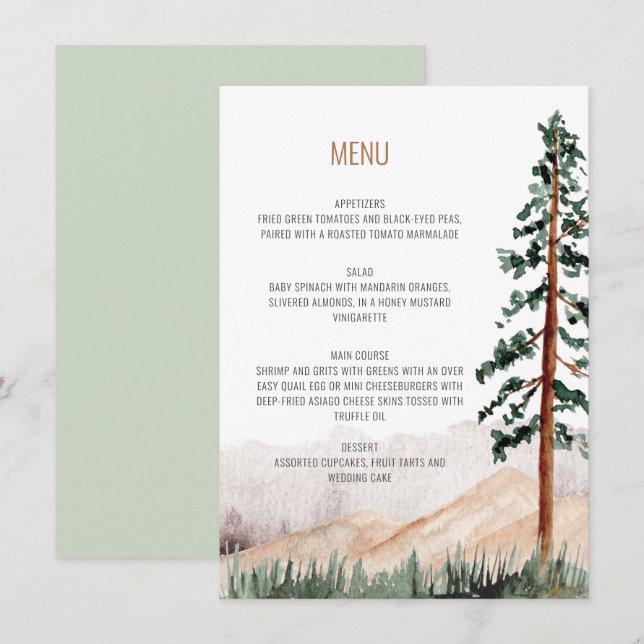 Elegant Rustic Mountains Trees Landscape Menu Invitation (Front/Back)