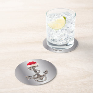 elegant rustic nautical ANCHOR + SANTA HAT   Round Paper Coaster