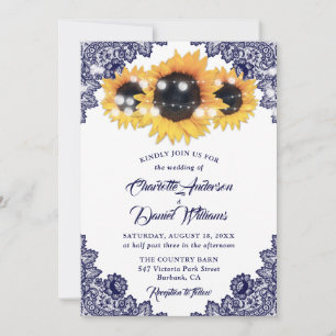 Elegant Rustic Navy Blue Lace Sunflower Wedding Invitation