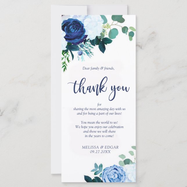 Elegant rustic navy blue wedding thanks you (Front)