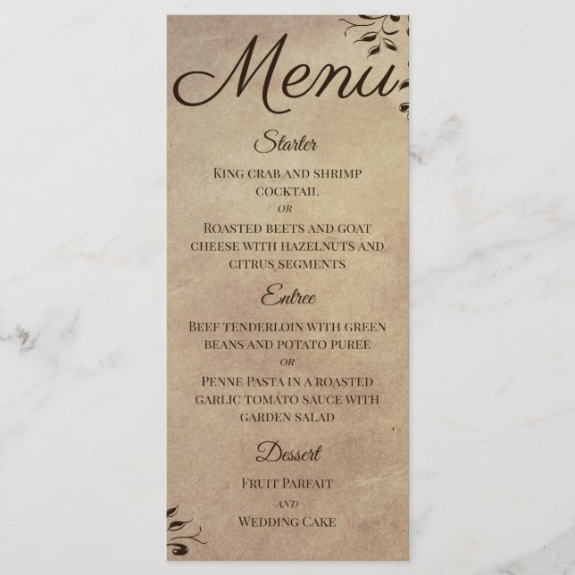 Elegant Rustic Parchment Paper Scroll Design Menu (Front)