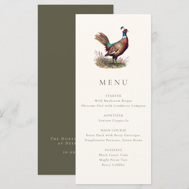 Elegant Rustic Pheasant Fall Hunting Dinner Menu (Front/Back)
