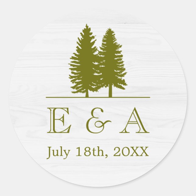 Elegant Rustic Pine Trees on White Wood Background Classic Round Sticker (Front)