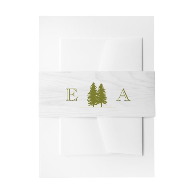 Elegant Rustic Pine Trees on White Wood Background Invitation Belly Band (Front Example)