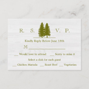 Elegant Rustic Pine Trees on White Wood Background RSVP Card