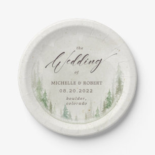 elegant rustic pine trees photo wedding paper plate
