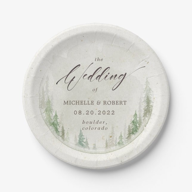 elegant rustic pine trees photo wedding paper plate (Front)