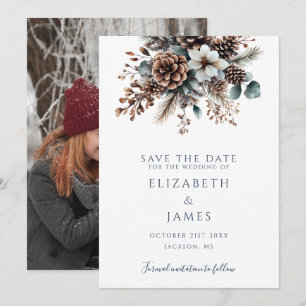 Elegant Rustic Pinecones Floral Photo Wedding Save The Date