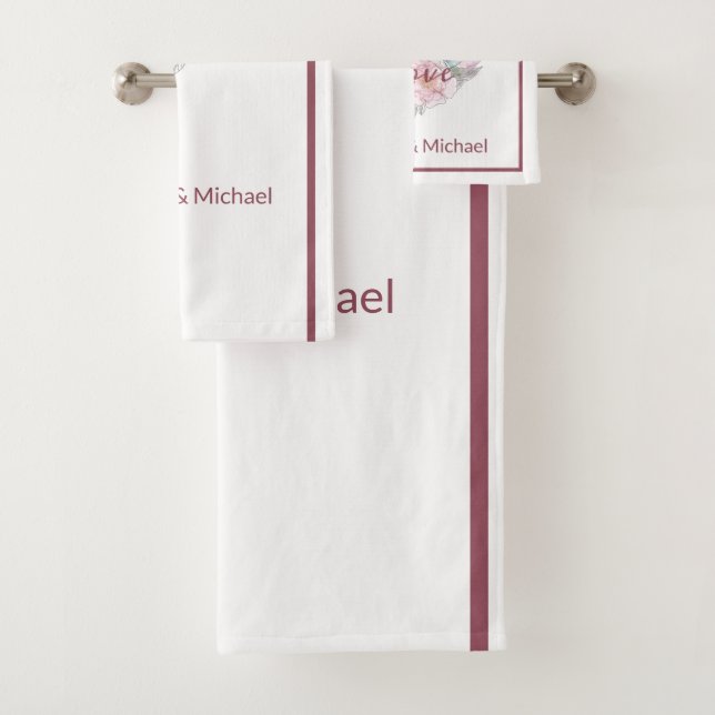 Elegant Rustic Pink Modern Chic Heart Script Bath Towel Set (Insitu)