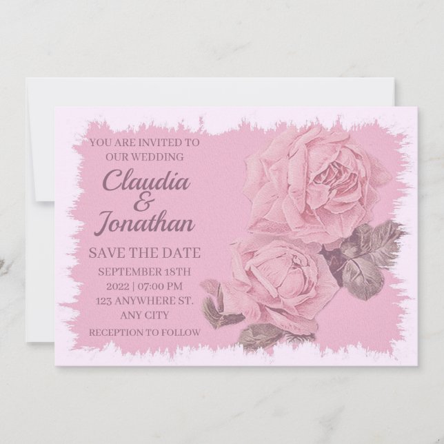 Elegant rustic pink roses floral wedding invitation (Front)