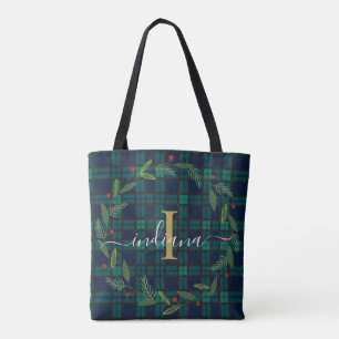 Elegant Rustic Plaid Monogram Script Wreath Tartan Tote Bag
