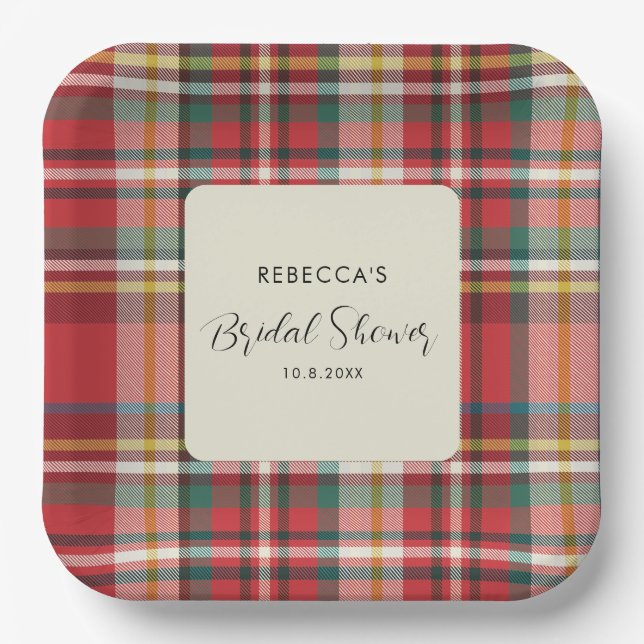 Elegant Rustic Plaid Script Bridal Shower Paper Plate (Front)
