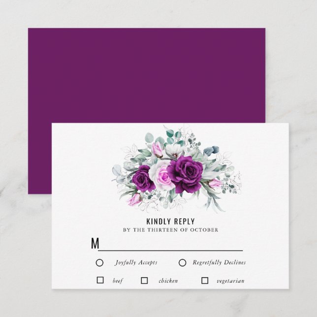 Elegant Rustic Purple Blush Floral Wedding RSVP Card (Front/Back)