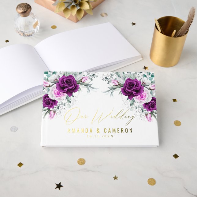 Elegant Rustic Purple Blush Geometric Wedding Guest Book (Front Open)