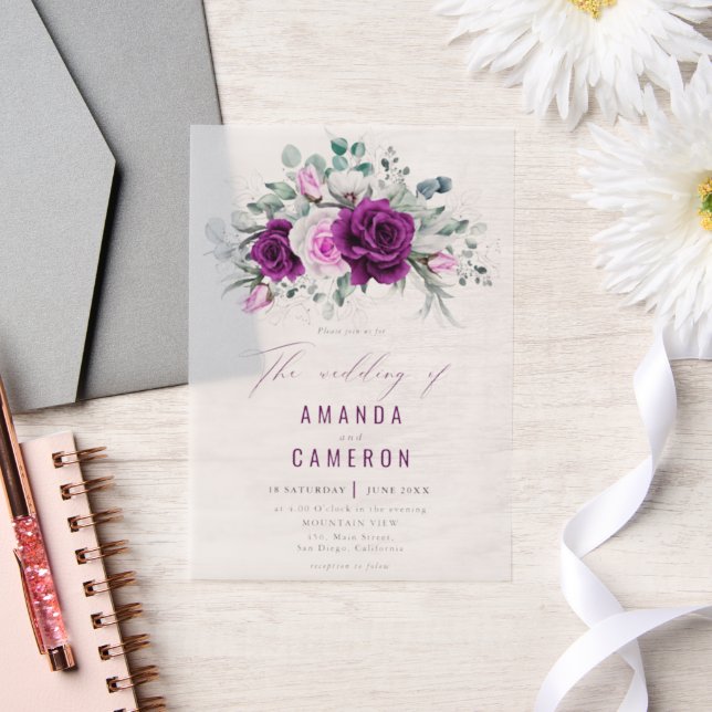 Elegant Rustic Purple Blush Geometric Wedding Vellum Invitations (Wedding)