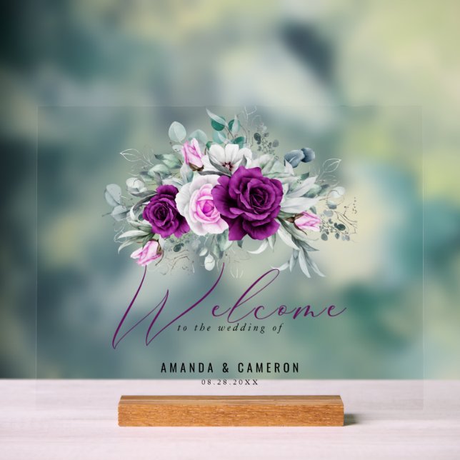 Elegant Rustic Purple Blush Wedding Welcome  Acrylic Sign (Neutral)