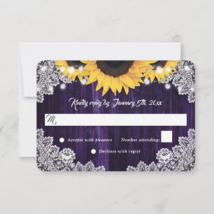 Elegant Rustic Purple Wood Lace Sunflower Wedding RSVP Card