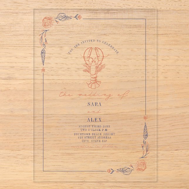 Elegant Rustic Red & Blue Beach Wedding Lobster In Acrylic Invitations (Front)