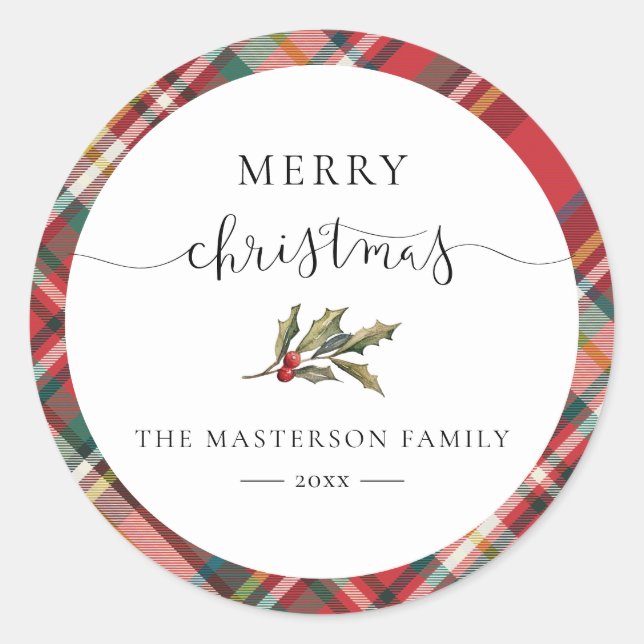 Elegant Rustic Red Checkered Plaid Christmas Classic Round Sticker (Front)