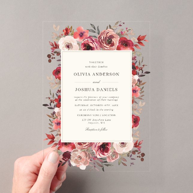 Elegant Rustic Red Floral Fall Wedding Acrylic Invitations (Insitu (Handheld))