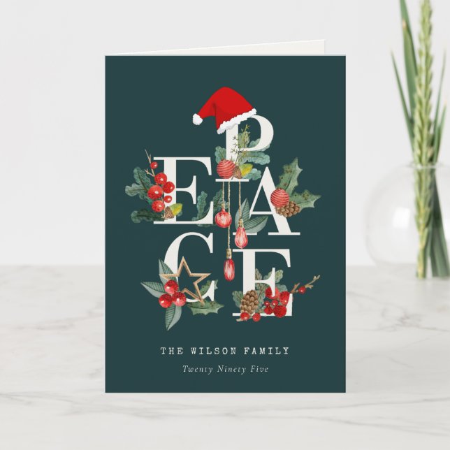 Elegant Rustic Red Green Peace Christmas Foliage Holiday Card (Front)