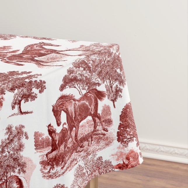 Elegant Rustic Red Horses Country Toile Tablecloth (In Situ)