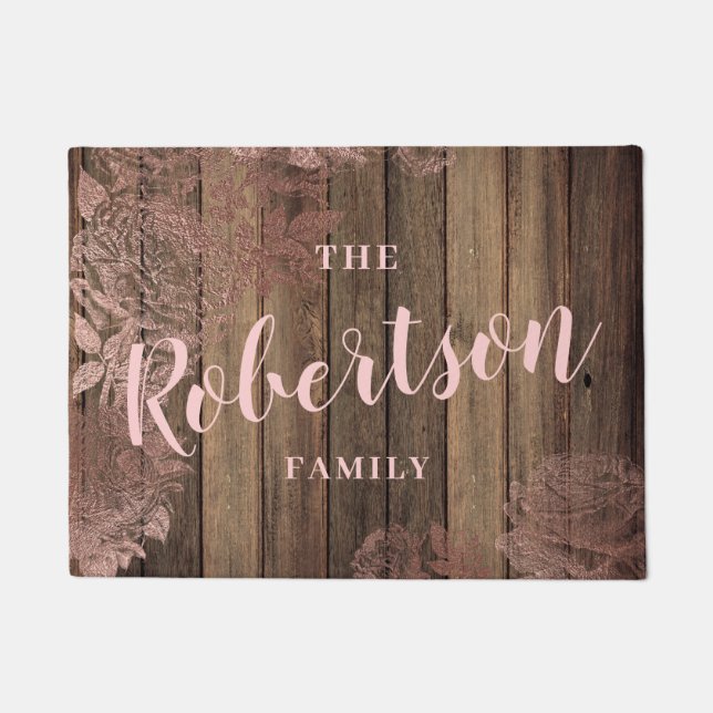 Elegant rustic rose gold floral wood print custom doormat (Front)