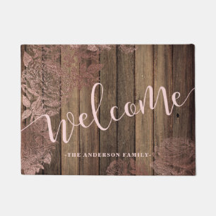 Elegant rustic rose gold wood print custom welcome doormat